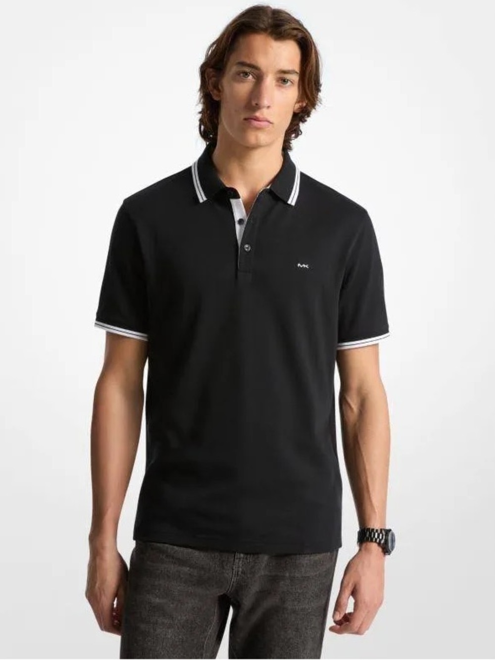 Michael Kors Greenwich Tipped Cotton Polo Black White Trim Sz M EUC $90 MSRP